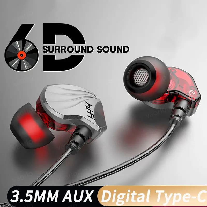 سماعات رأس سلكية داخل الأذن مع ميكروفون للموسيقى والألعاب والرياضة، رقاقة رقمية 6D HIFI بتقنية 3.5MM AUX/Type-C، باس قوي، متوافقة مع أجهزة سامسونج وأندرويد - 2