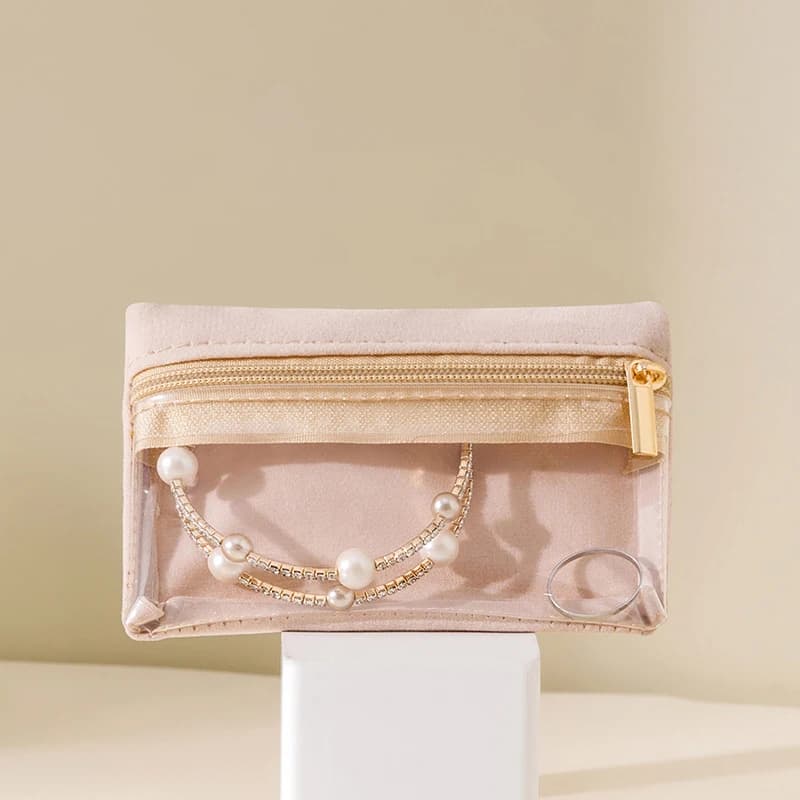 Portable Jewelry Storage Bag Earrings Necklace Velvet Zipper Pouch Travel Watch Ring Organizer Clear Water-Proof Dustproof Bag - 4