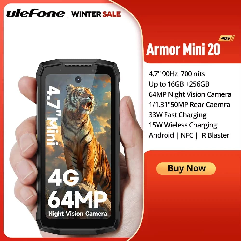 هاتف Ulefone Armor Mini 20 4G بشاشة 4.7 بوصة متين بكاميرا ليلية 64 ميجابكسل ونظام أندرويد 14 وبطارية 6200 مللي أمبير في الساعة وذاكرة 16 جيجابايت + 256 جيجابايت وشحن سريع 33 واط G99