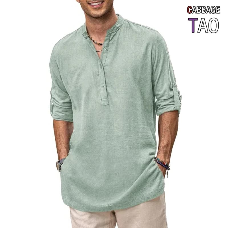 Mens New Cotton Oversized Henley Shirt Casual Lightweight Long Sleeve Tops Stylish Beach and Hawaiian Inspired Tee for Men