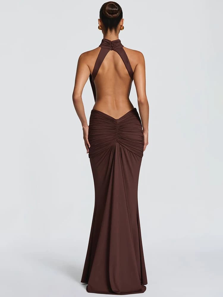 Mozision Turtleneck Backless Sexy Maxi Dress Women Gown Elegant Off-shoulder Sleeveless Ruched Bodycon Club Party Long Dress - 4