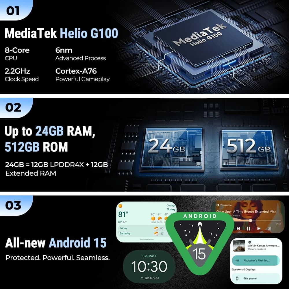 【عرض عالمي】 هاتف Ulefone Armor 33 4G متين ببطارية 25500 مللي أمبير وسعة تخزين 512 جيجابايت وذاكرة تصل إلى 24 جيجابايت وشاشة 120 هرتز و6.59 بوصة وNFC بنظام أندرويد 15، نسخة عالمية - 6