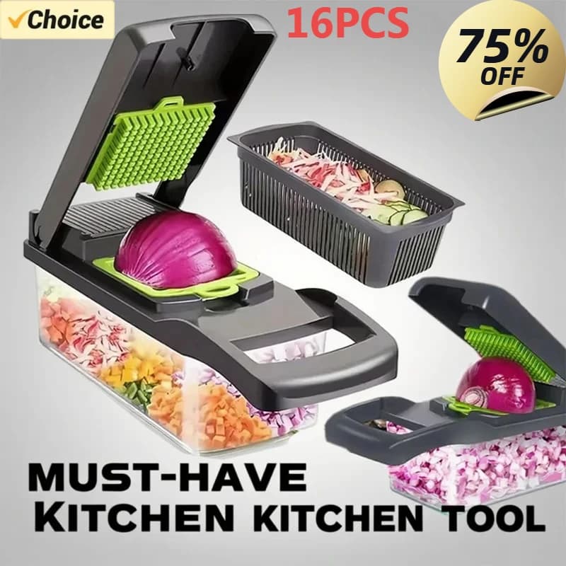 مجموعة ساخنة من 16 قطعة لتقطيع الخضروات والبصل، مبشرة طعام، مفرمة خضروات، قطاعة بطاطس