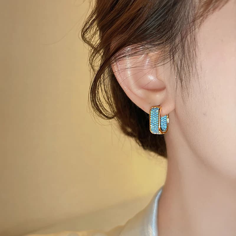 2025 New Plated 18K Gold Color Geometric U-shaped Ear buckle Luxury Blue Crystal Inlaid Earrings For Women's Trendy Jewelry Set - 3