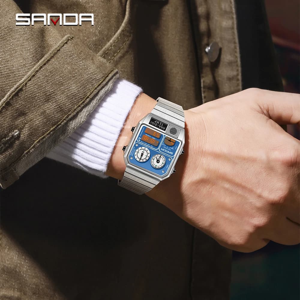 ساعة SANDA الإلكترونية الجديدة 3192 للرجال، شكل مربع، مقاومة للماء، ميزان حرارة LED، كرونوغراف - 3
