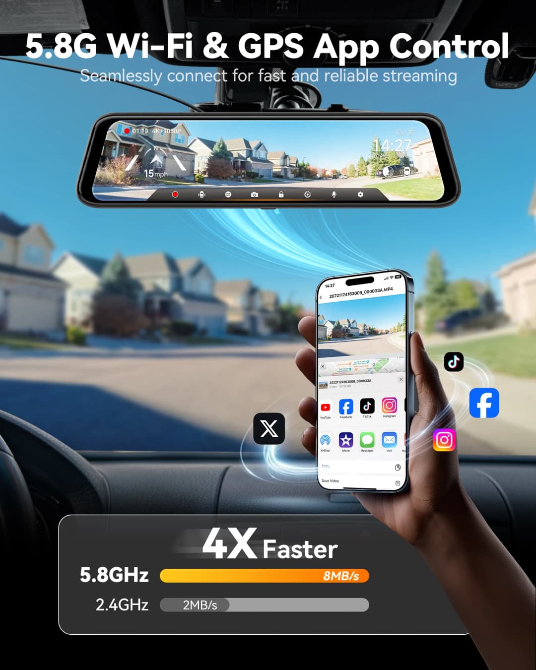 WOLFBOX G850 PRO 4K واي فاي كاميرا مرآة لوحة القيادة مع ADAS و BSD 5.8GHz واي فاي التحكم الصوتي مسجل سيارة مرآة الرؤية الخلفية 12 بوصة - 4