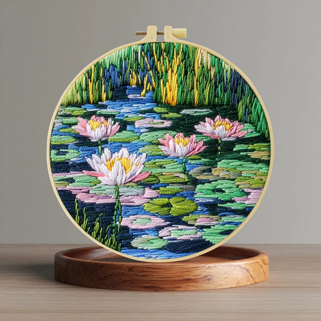 1pc 20X20CM/15X15CM Lotus Pond Embroidery Starter Kit DIY Cross Stitch Sewing Art for Gift
