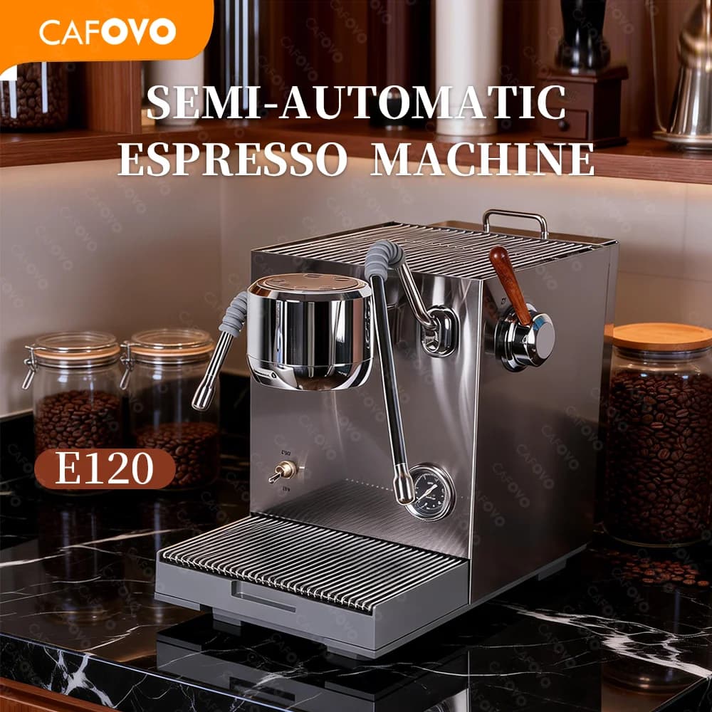 CAFOVO E120 ماكينة قهوة شبه أوتوماتيكية مضخة ULKA نظام OPV 9 بار غلاية ثلاثية بشاشة OLED لصنع إسبريسو في المنزل والمقهى