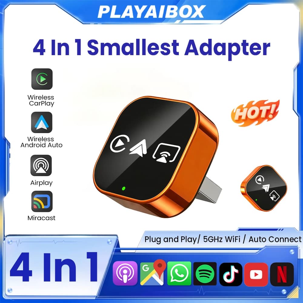 محول Carplay 2026 4 في 1 ترقية جديدة لاسلكي أندرويد أوتو رابط مرآة صندوق ذكي صغير AI USB توصيل وتشغيل اتصال تلقائي واي فاي