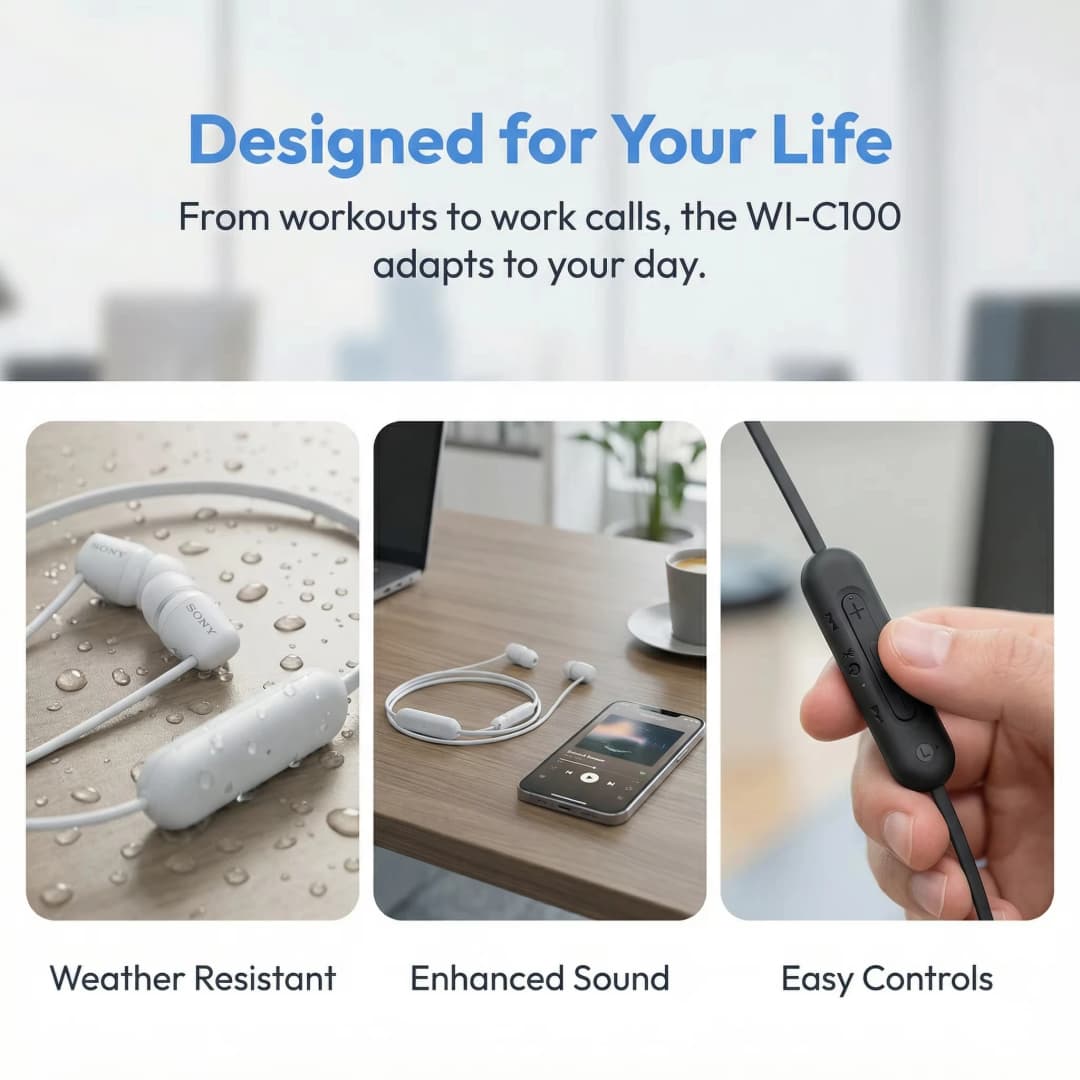Sony WI-C100 Neckband Bluetooth Headphones Deep Bass In-Ear Sport Earphones With Mic For Running - 5