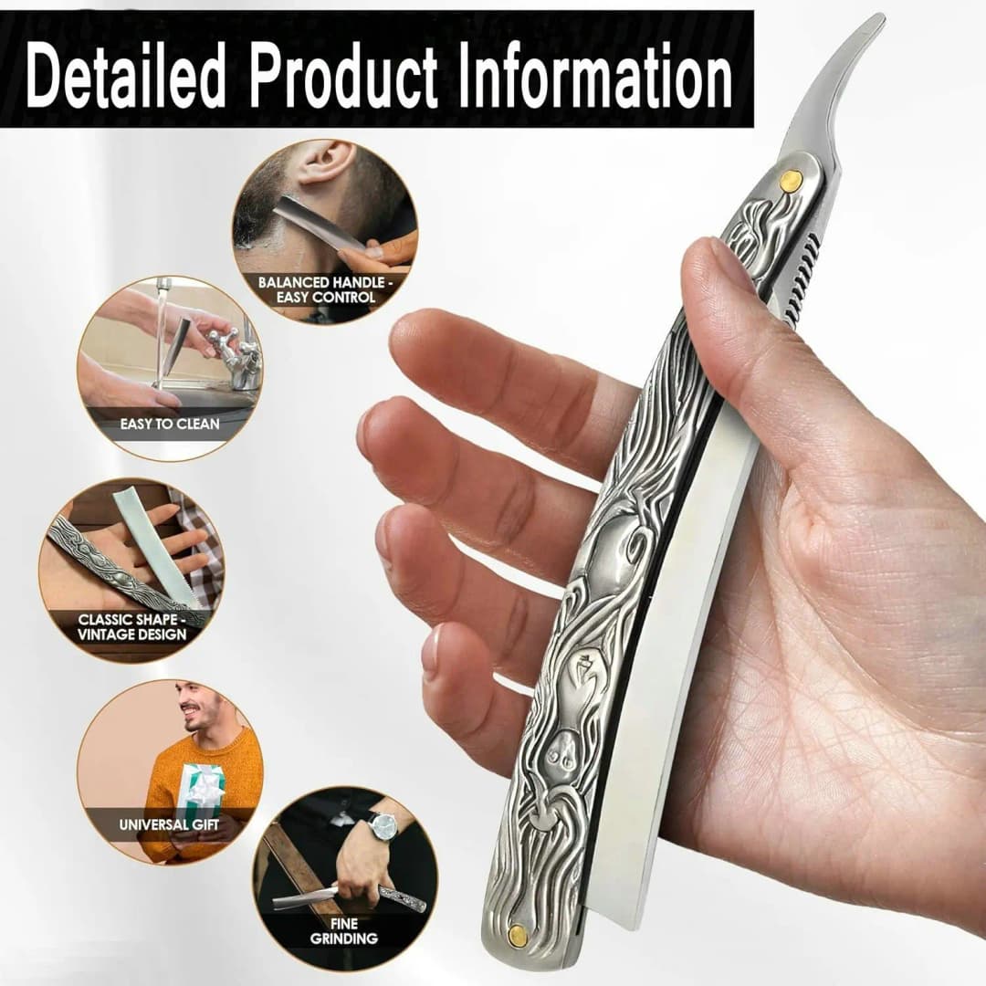 أدوات حلاقة احترافية بحافة مستقيمة من الفولاذ المقاوم للصدأ لقص وتصفيف شعر الرجال - 3