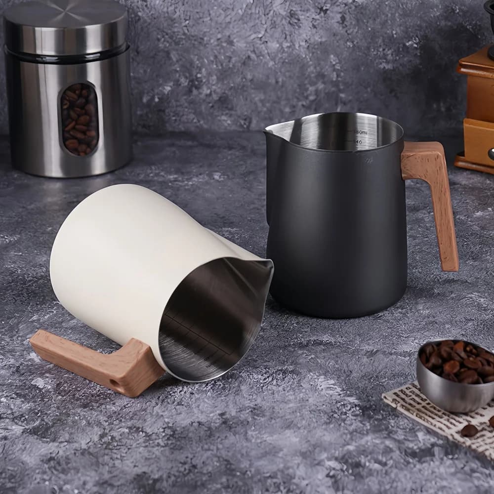 Coffee Milk Frothing Pitcher Jug Anti-scald Wood Grain Handle 304 Stainless Steel Precision Scale Professional Coffee Utensils - 2