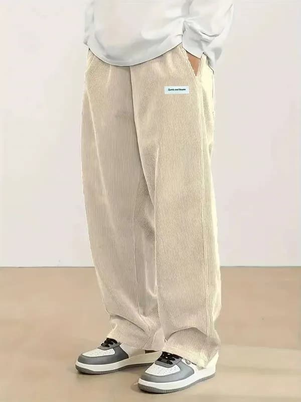 بنطال رجالي من الكوردوروي كاجوال خريف بنطال فضفاض مستقيم بنطال رياضي خصر مطاطي برباط ملابس الشارع الخارجية - 5