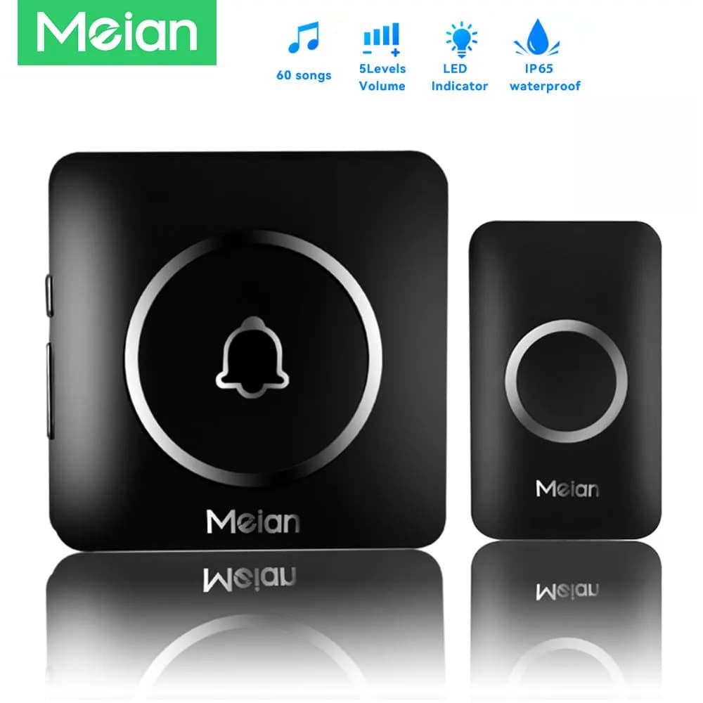 جرس باب لاسلكي من Meian، جرس ترحيب، مدى 300 متر، إضاءة LED، إنذار أمان، مقاوم للماء، 60 نغمة