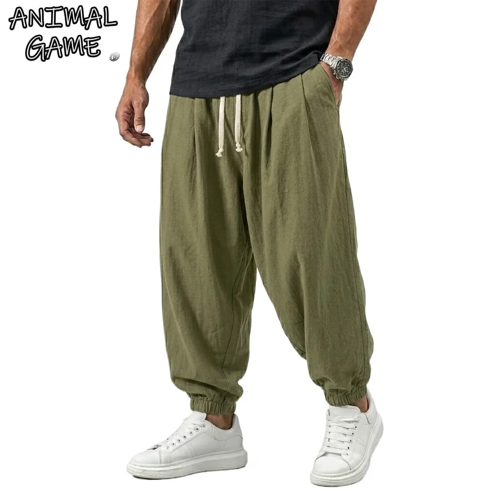 Korean Linen Pants Men's Cotton Trousers Gym Man Work Casual Pants Autumn Loose Harem Pants Spring Drawstring Streetwear Man