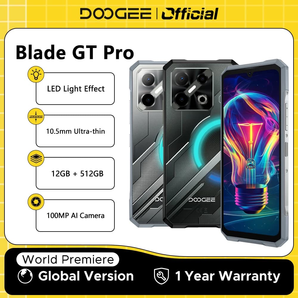 العرض الأول عالمياً لهاتف DOOGEE Blade GT Pro 5G المتين مع تأثير إضاءة LED، ذاكرة 12 جيجابايت، سعة تخزين 512 جيجابايت، سمك 10.5 ملم فائق النحافة، كاميرا ذكاء اصطناعي بدقة 100 ميجابكسل، بطارية 5800 مللي أمبير في الساعة