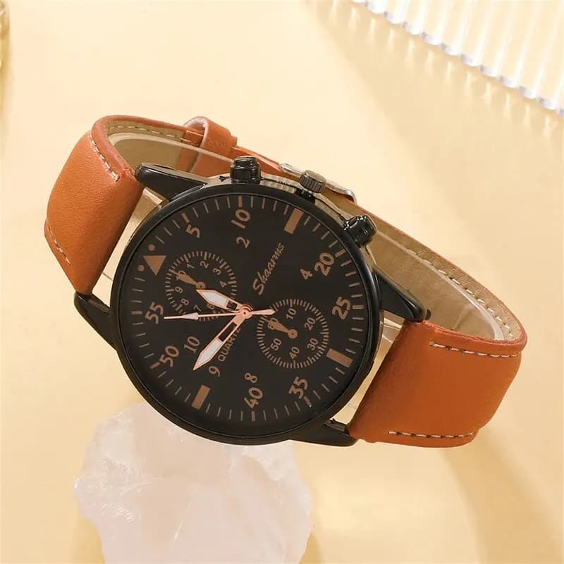 New Men Watch Luxury Bracelet Set Fashion Business Brown Leather Quartz Wrist Watches for Men Gift Set Relogio Masculino - 6