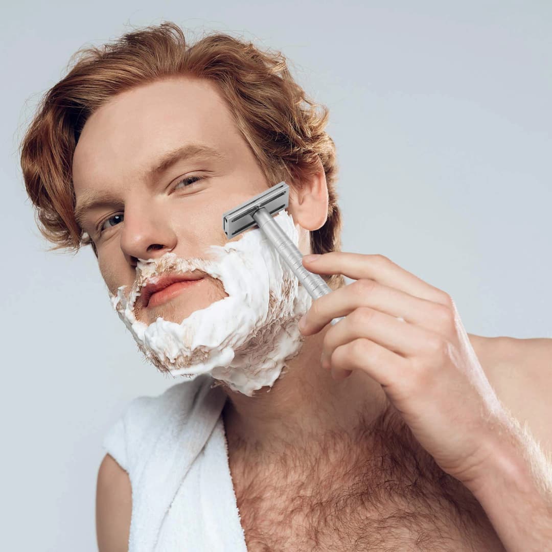 شفرة حلاقة مزدوجة الحافة مع 5 شفرات احتياطية دقيقة بزاوية 30 درجة قابلة لإعادة الاستخدام للرجال والنساء - 4