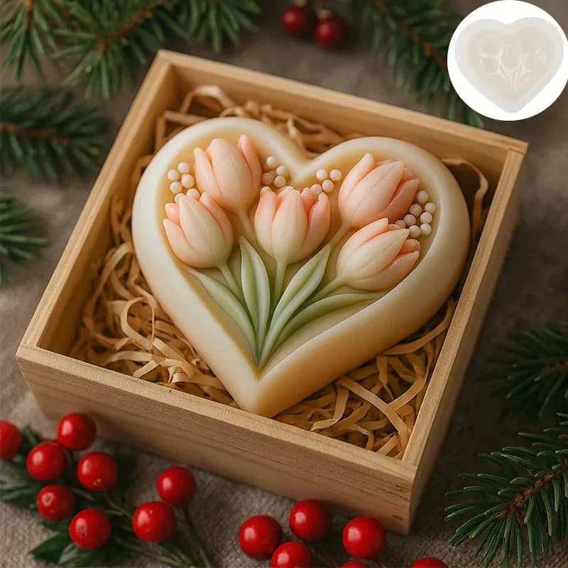 Silicone Mold for Heart-shaped Tulip Candles – DIY Craft Kit for Scented Candles, Plaster, and Soap Making with clear texture - 4
