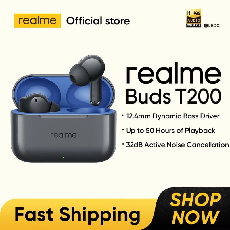 سماعات realme Buds T200 TWS، إلغاء ضوضاء نشط 32dB، مشغل باس ديناميكي 12.4 ملم، بلوتوث 5.4، مقاومة للماء IP55، شهادة Hi-Res