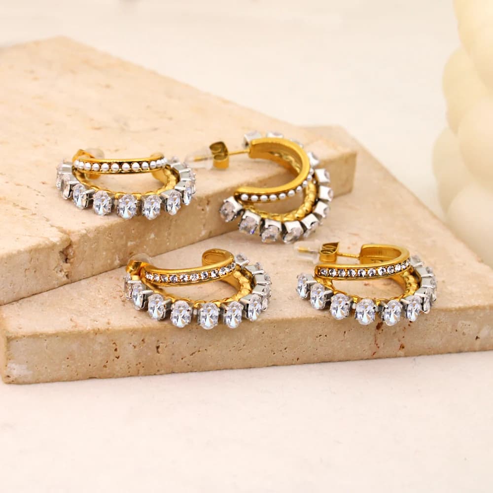 Shiny Bling White Zirconia Stainless Steel Ear Stud Luxury Irregular C Shape Hoop Earrings Golden Ear Jewelry Anti Allergic - 4