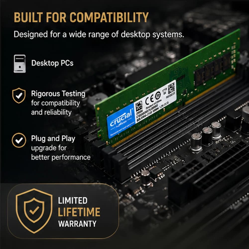 ذاكرة رام Crucial PC4 DDR4، سعات 4/8/16 جيجابايت، ترددات 2133/2400/2666/3200 ميجاهرتز، UDIMM 288Pin، مناسبة لألعاب الكمبيوتر - 4