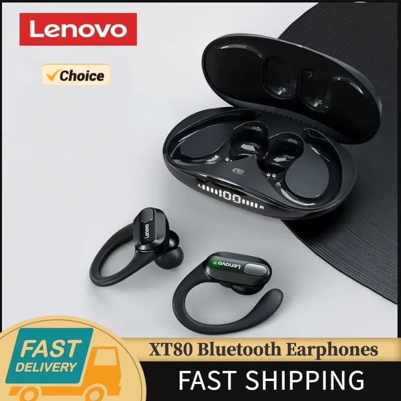 سماعات أذن لينوفو الأصلية XT80 رياضية لاسلكية مع ميكروفونات، شاشة طاقة LED، صوت ستيريو Hifi، بلوتوث 5.3، سماعات TWS