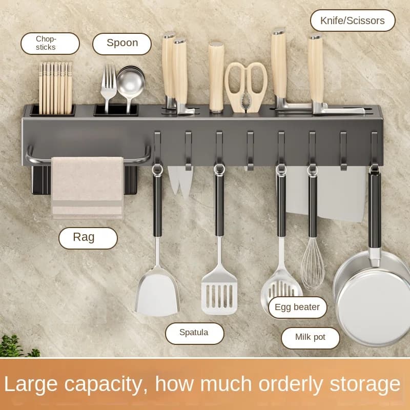 رف مطبخ خالٍ من الأدوات، وإكسسوارات المطبخ، وأنبوب عود متعدد الوظائف مثبت على الحائط، وتخزين للسكاكين والأدوات - 2