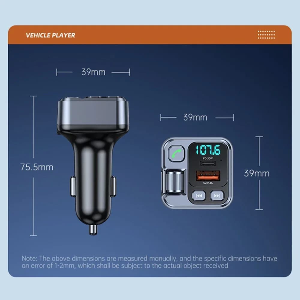 مستقبل بلوتوث للسيارة مشغل MP3 مع ولاعة سجائر وشاحن، مزود بمنفذي USB-A وUSB-C للشحن السريع وشاشة LED وإرسال FM - 6