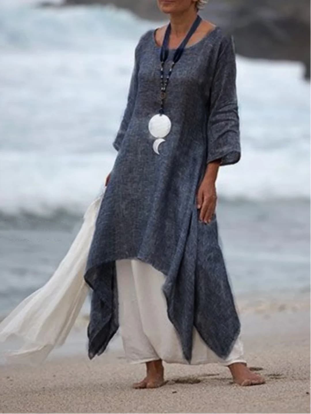 بلوزة تونك قميص غير منتظم فضفاض للنساء بلوزة واسعة رقبة دائرية فستان مريح - 2