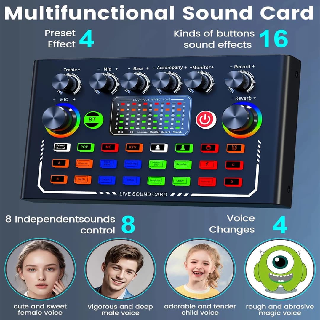 F009 Live Sound Card Broadcast quipment,Bluetooth Audio DJ Mixer with Microphone Set Device For Smartphone Live Streaming - 2