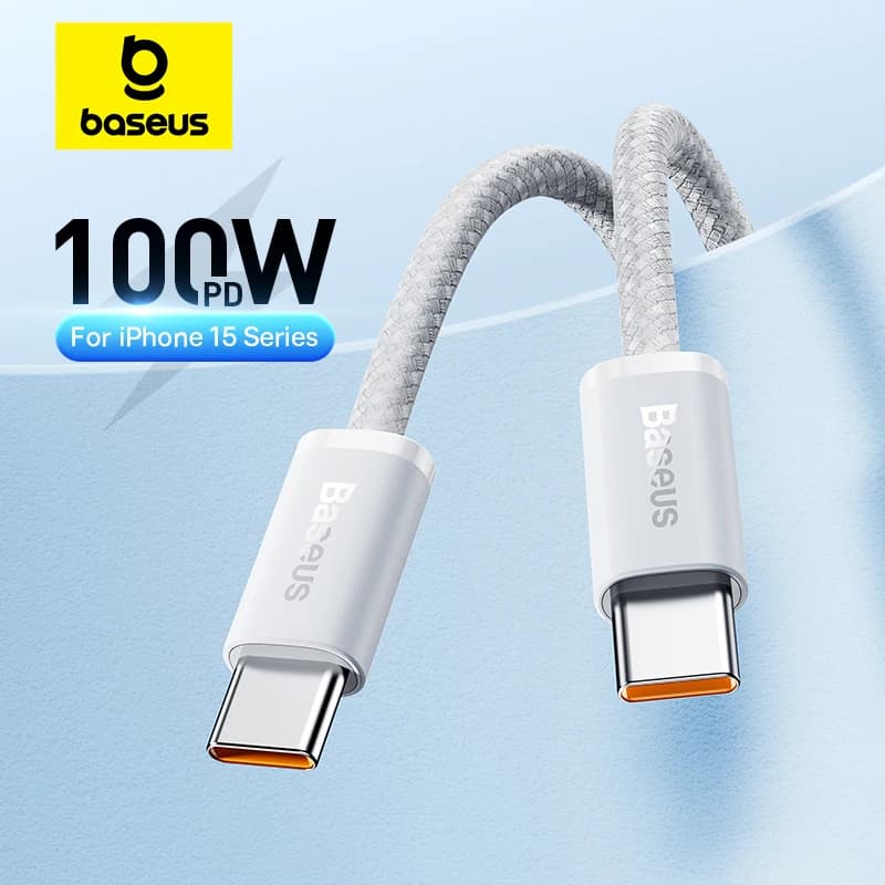 كابل Baseus Type C إلى USB C بقوة 100 واط لشحن سريع لهواتف آيفون 16 و15، سلك شاحن سريع لأجهزة ماك بوك وآيباد وسامسونج وشاومي عبر USB C