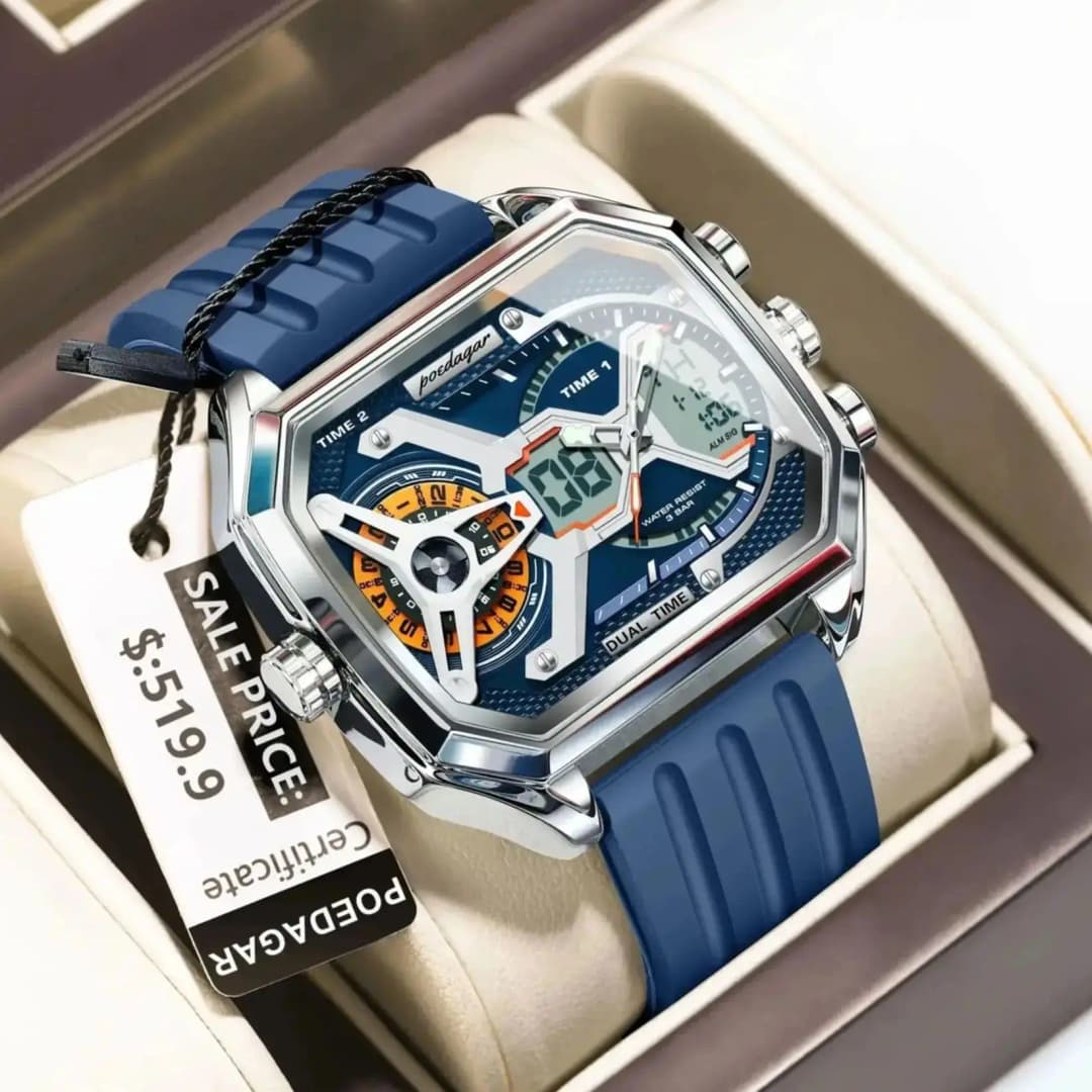 POEDAGAR Top Luxury Men Clock LED Calendar Week Luminous Man Wristwatch Electronic Rectangle Silicone Strap Quartz Men's Watches - 2