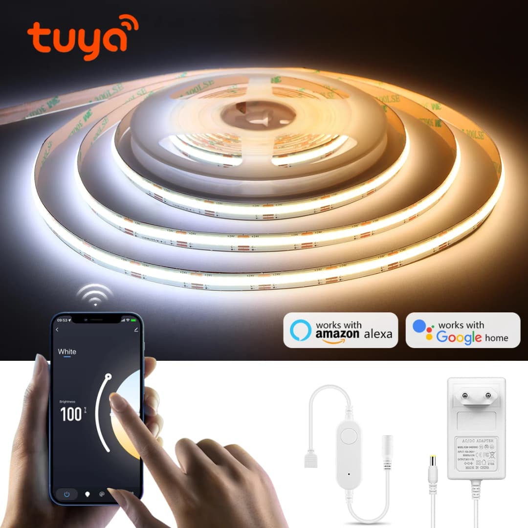 مفتاح Tuya الذكي بتقنية WiFi، شريط إضاءة LED COB CCT، 3M/5M، محول طاقة 24V، قابس EU/US، مصباح قابل للتعتيم، شريط LED للزينة