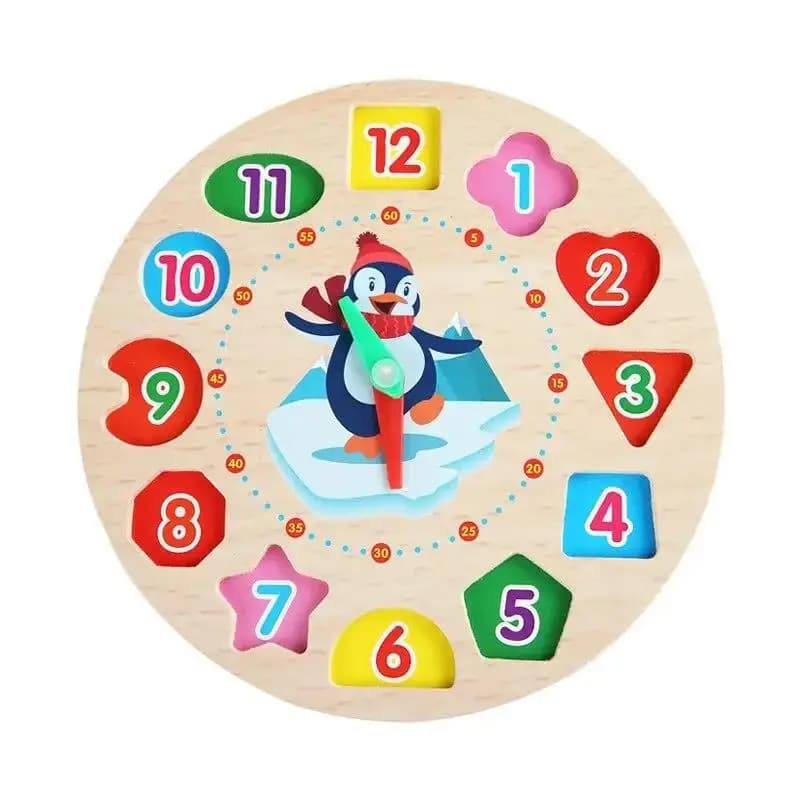 Wooden Blocks Puzzle Shape Number  Color Sorting Clock Montessori Toys for Kids Early Education Penguin Patterns Time Learning - 6