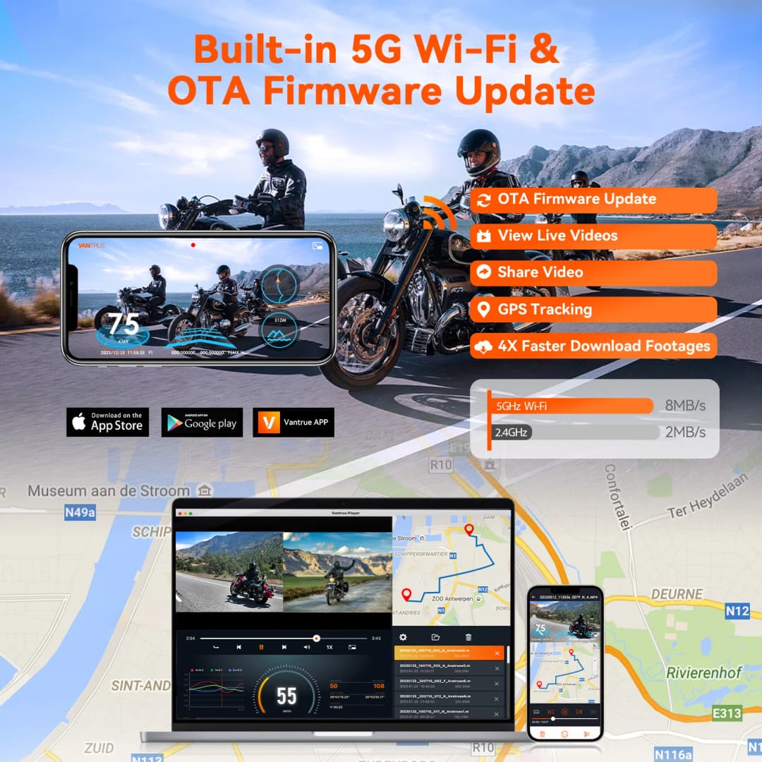 Vantrue F1 كاميرا دراجة نارية بدقة 4K، كاميرا أمامية وخلفية، GPS، مقاومة للماء، واي فاي، زاوية واسعة 160 درجة، وضع وقوف السيارات 24 ساعة، وحدة تحكم سلكية - 6