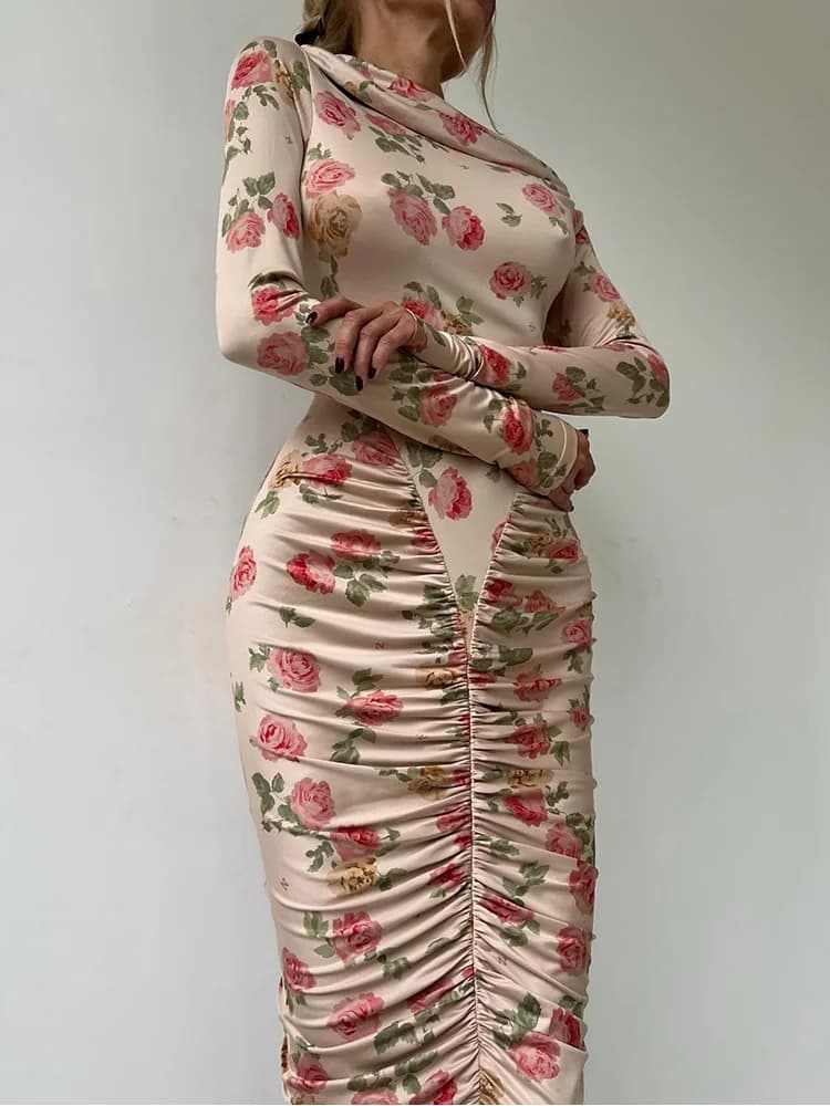 فستان نسائي طويل الأكمام بطباعة زهور CNYISHE ياقة مائلة فستان ضيق أنيق - 2