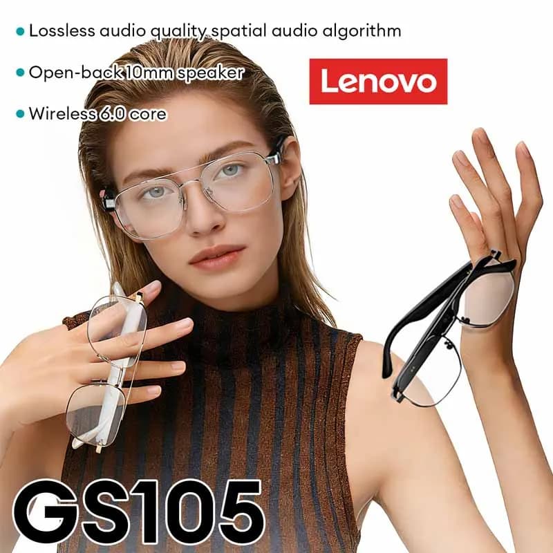 نظارات Lenovo GS105 الذكية AI بلوتوث 6.0 نظارات شمسية مع مكالمات HD وسماعات موسيقى وإلغاء الضوضاء ENC وميكروفون مزدوج للرجال والنساء