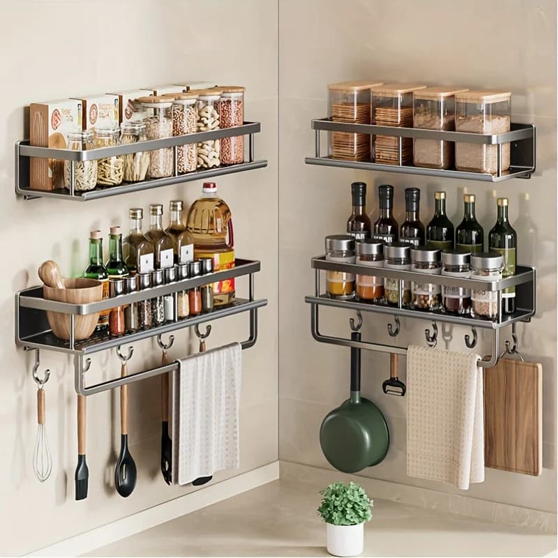 Aluminum Wall-Mounted Shelf Multifunctional Kitchen Spice Storage Rack Kitchen Space Management Solution Kitchen Accessories - 2