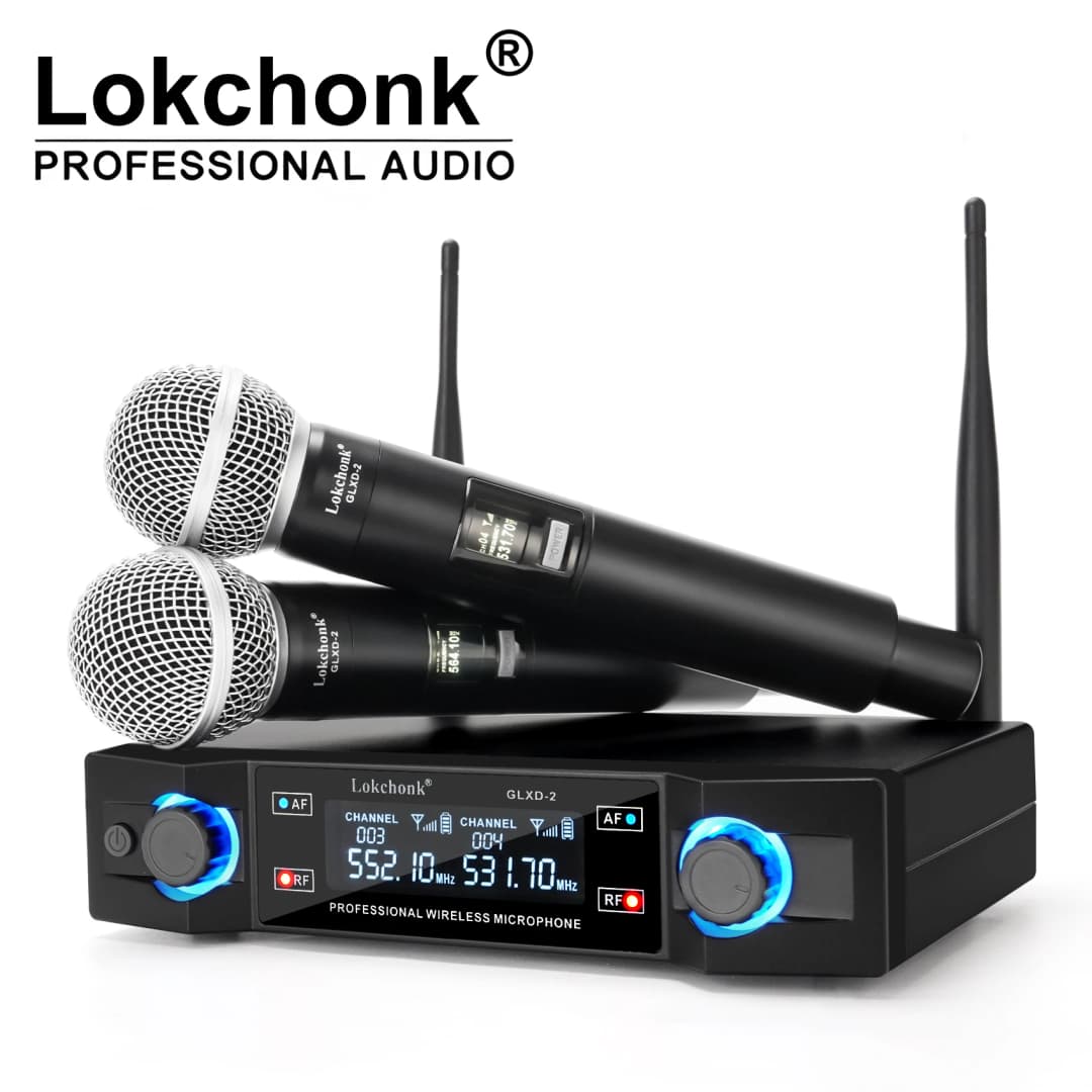 نظام مايكروفون لاسلكي احترافي Lokchonk GLXD-2 بقناتين، مع 2 مايكروفون محمول للكاريوكي والخطابات والتعليم