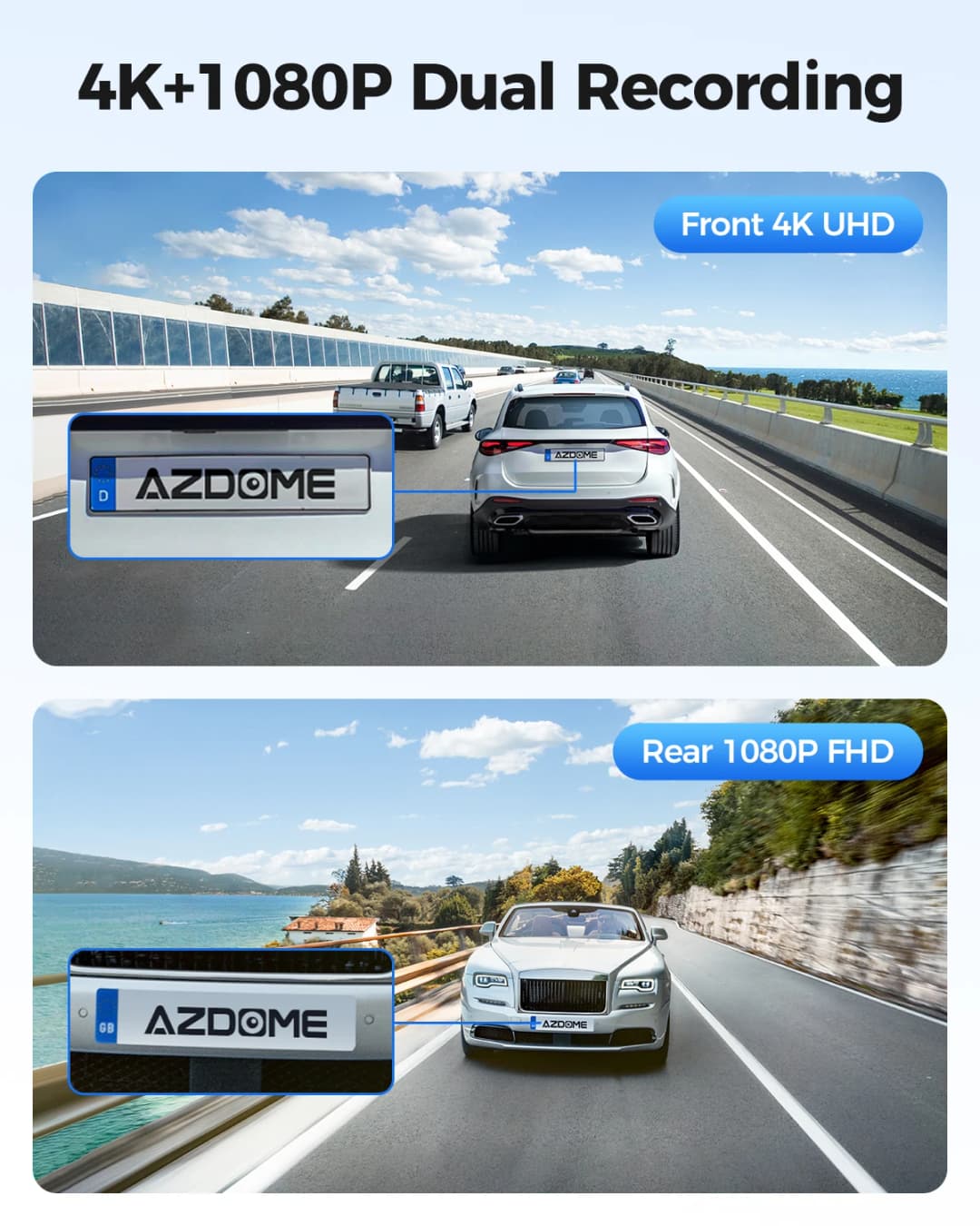 كاميرا سيارة AZDOME M300S بدقة 4K + 1080P مزدوجة مع واي فاي ونظام تحديد المواقع ADAS، جهاز تسجيل فيديو رقمي مع وضع ركن السيارة 24 ساعة ورؤية ليلية - 2