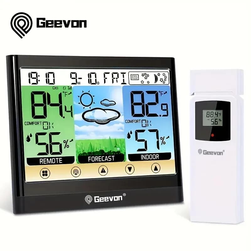 محطة طقس Geevon لاسلكية، ميزان حرارة داخلي وخارجي، مقياس رطوبة، شاشة LCD تعمل باللمس مع منبه وإضاءة خلفية قابلة للتعديل