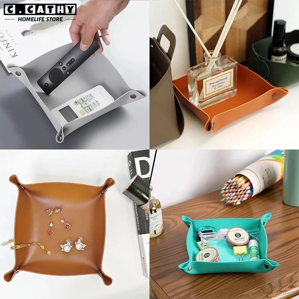 1PC 25X25CM Leather Tray Foldable Table Storage Box Jewelry Key Coin Desk Top Organizer Entryway Nightstand Home  Decoration - 5