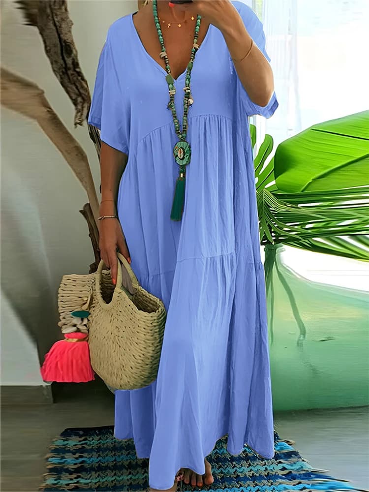 plus Size Women's Casual Loose V-Neck Solid Long Dress Spring Summer Pleated Big Size Women's Dress