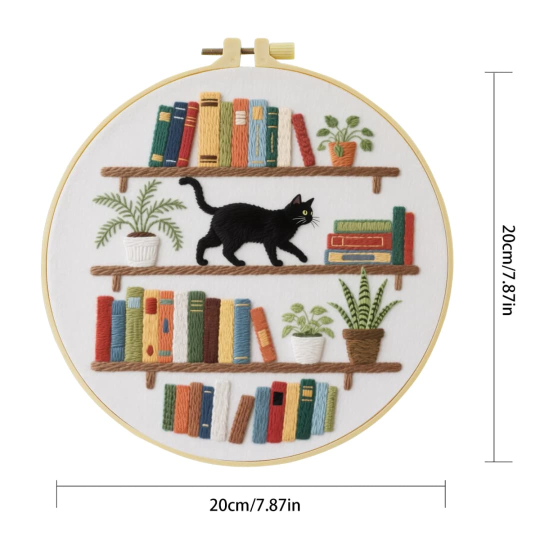 1pc 20X20CM/7.87inch The cat on the bookshelf Embroidery Starter Kit DIY kit Home Decor Needle Art Sewing Art - 5