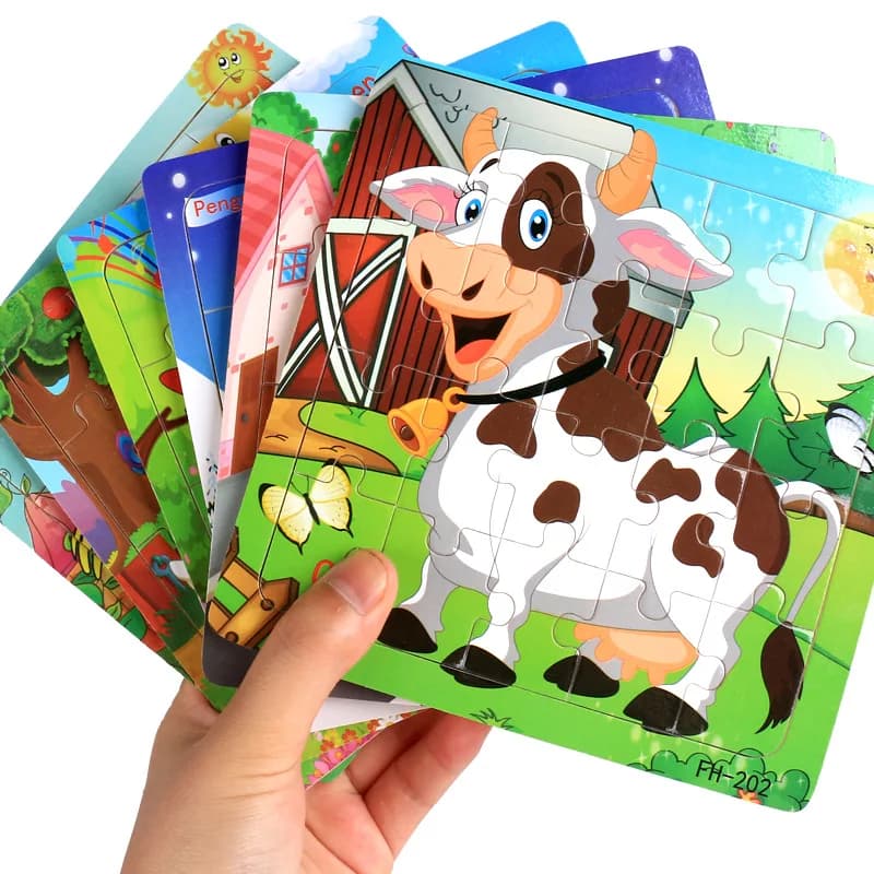 20piece Wooden Puzzle Cartoon Animals Car Letter Number Pattern Jigsaw Puzzles Game Kids Educational Learning Toys for Children - 4