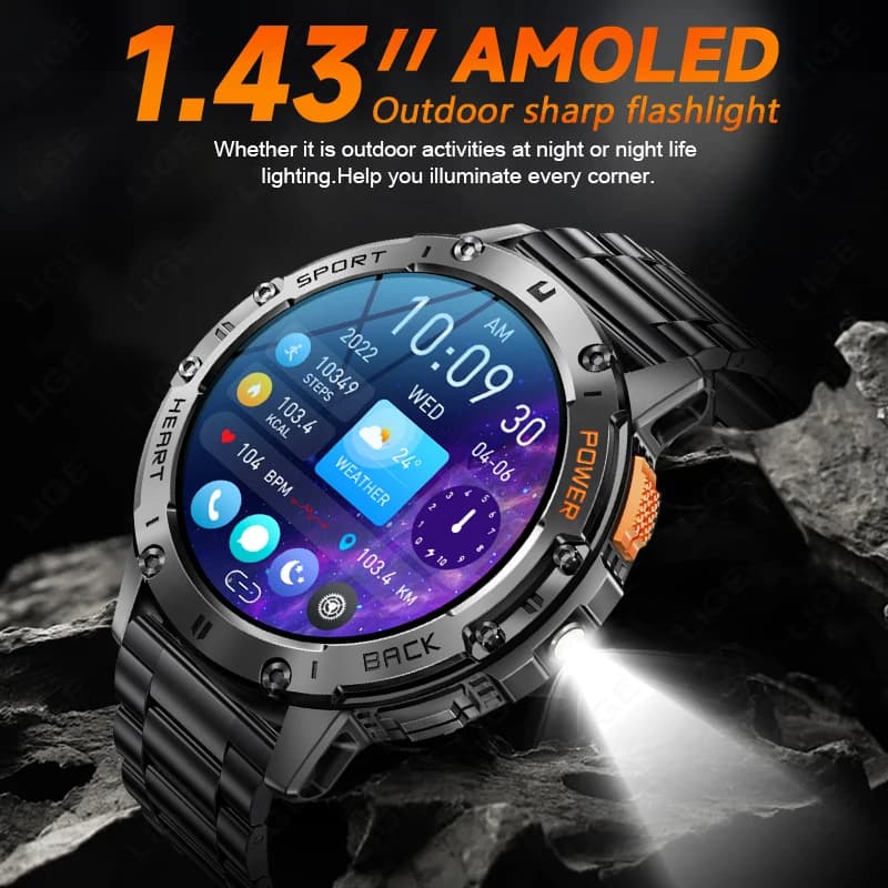 ساعة LIGE الذكية الجديدة بشاشة AMOLED للرجال، مع كشاف، مقاومة للماء، تتبع اللياقة البدنية، مكالمات بلوتوث، ساعة ذكية للرجال، متوافقة مع أندرويد وiOS - 2