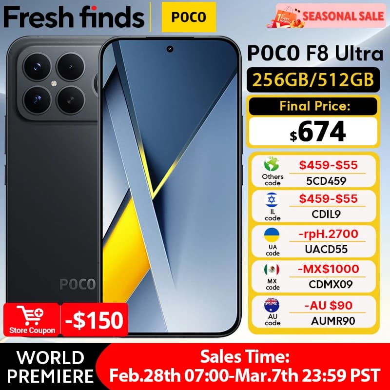 هاتف ذكي POCO F8 Ultra 5G إصدار عالمي معالج Snapdragon® 8 Elite Gen 5 شاشة 6.9 بوصة 120Hz بطارية 6500mAh كاميرا 50MP