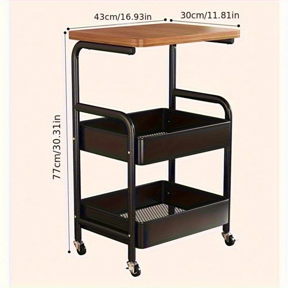 Metal 3-Tier Kitchen Island Cart with Tabletop Storage Snack Rack Durable Steel Frame Rolling Wheels - 4