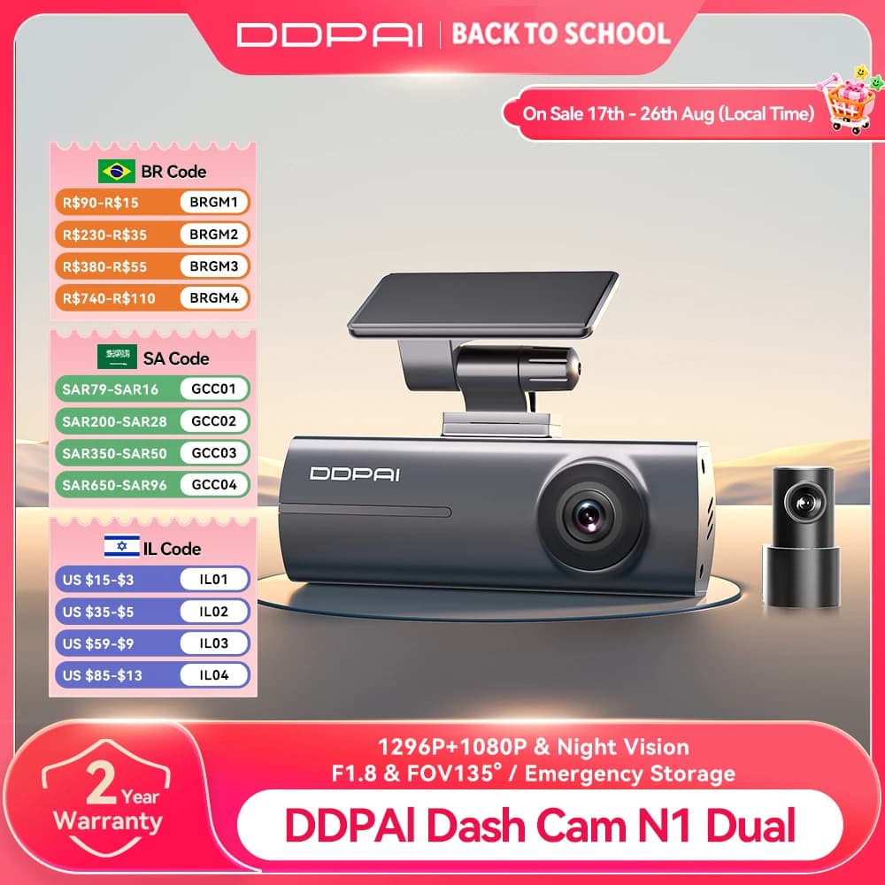 DDPAI Dash Cam  N1 Dual Front & Rear Recording NightVIS 1296P Dash Cam Recorder Car DVR   App Control